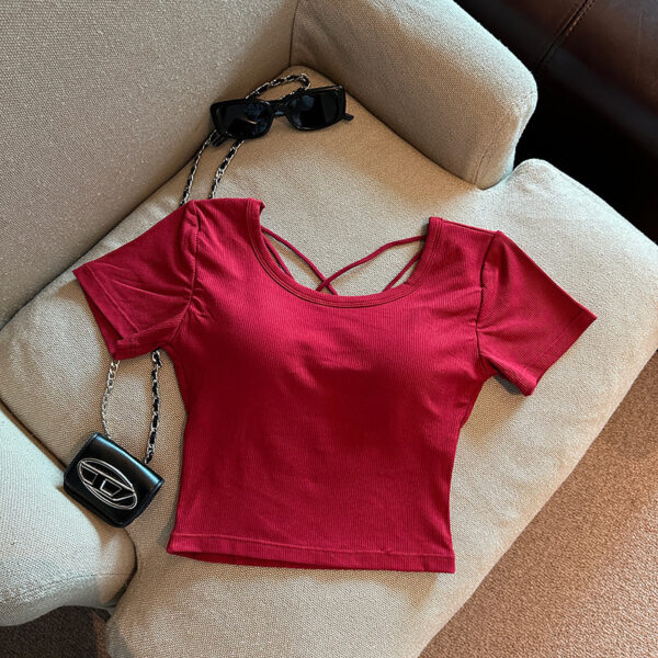 Chest Pad Pure Desire Wind Back Hollow Design T-shirt - Image 3