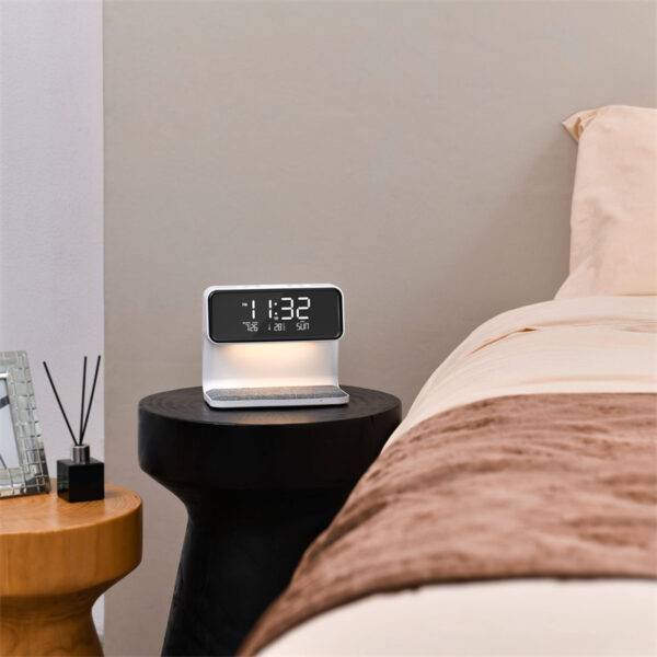 Creative 3 In 1, Bedside Lamp, Wireless Charging station Screen Alarm Clock. - Image 8