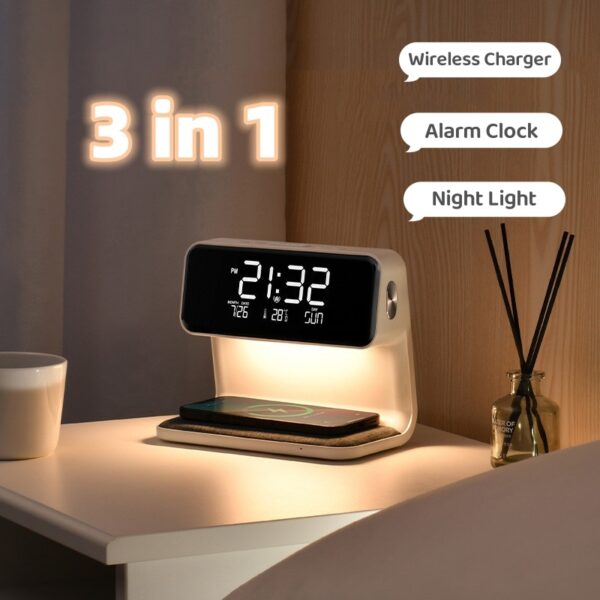 Creative 3 In 1, Bedside Lamp, Wireless Charging station Screen Alarm Clock.